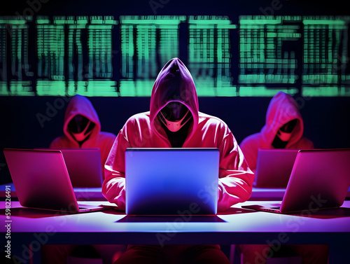 Three hackers without face. Concept of red hat, hacker group, organization or association.