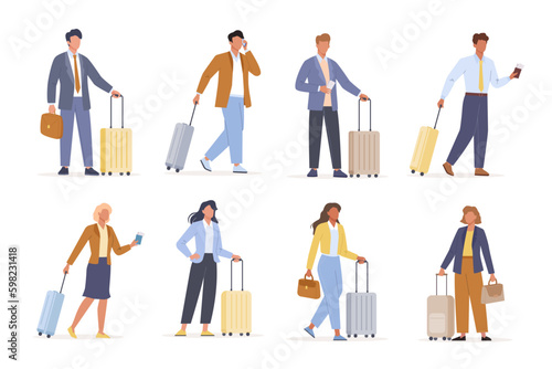 Business people on a business trip set. Female and male character walk, stand, talk