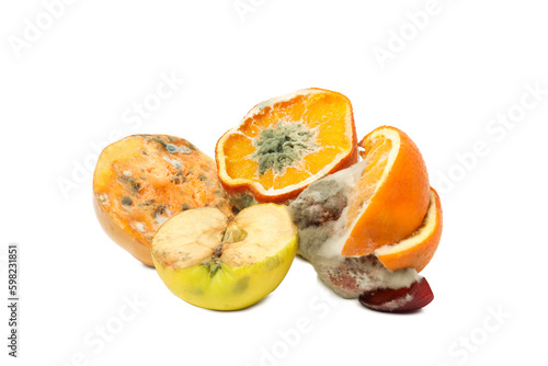 Fruits and vegetables with mold, isolated on white background