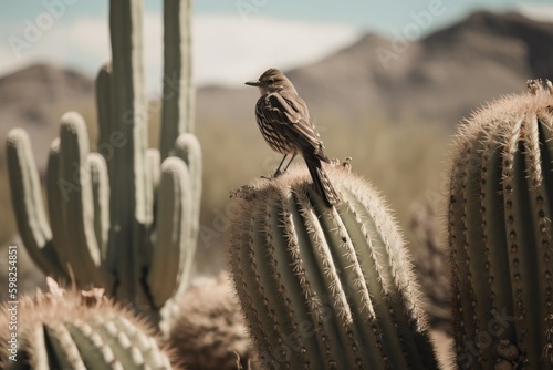 A bird perched on a cactus, against a desert backdro