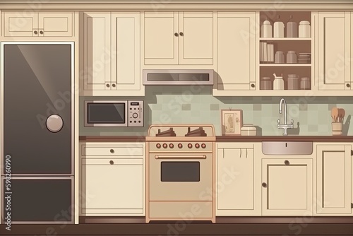 modern kitchen with appliances and cabinets. Generative AI Generative AI