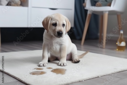 Cute puppy on dirty carpet. Generate AI