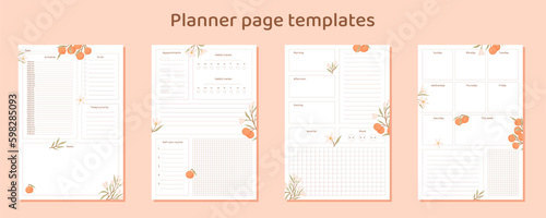 Ready to use planner page templates. Orange blossom floral sheets. Digital planner templates. Digital planner inserts. Vector art.