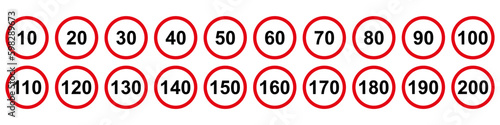 Speed Limit Sign Set. Set of generic speed limit signs with black number and red circle. Vector illustration.