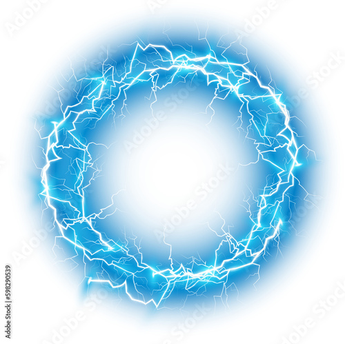 Blue Ball lightning on a transparent background. Abstract electric lightning strike. Light flash, thunder, spark. PNG.