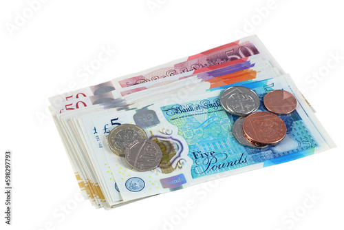 Isolated sterling uk pound notes and coins.