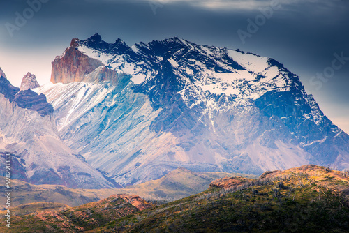 Torres del Paine, Chile. Peaks, glaciers, and lakes, South America landscape.