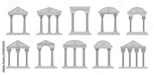 Greek and roman temples. Ancient pillars, line architecture buildings, pediment with Doric columns, building facade with carved stone white colonnade decoration. Vector tidy illustration set