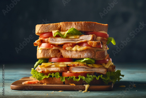 tasty club sandwich on a wooden board, created with generative ai