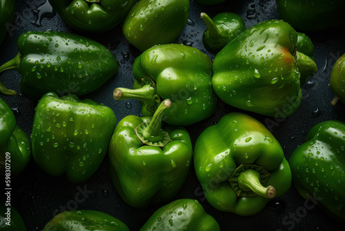 Fresh green bell pepper with water droplets adorned on the surface. Created with Generative AI Technology. 