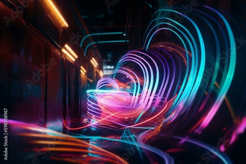 Vibrant neon swirls create a tunnel of color. Generative AI