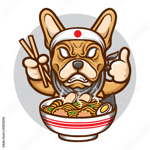 angry french buldog eating yummy ramen noodle illustration
