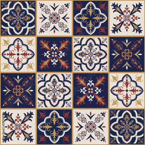 Colorful patchwork tiles floral pattern Arabic style. Vector ethnic colorful Moroccan, Portuguese tiles seamless pattern. Trendy mosaic tile stickers design. Use for home interior decoration elements.