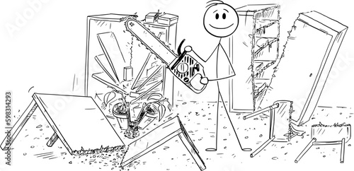 Happy Person With Chainsaw Destroyed Furniture in Room , Vector Cartoon Stick Figure Illustration