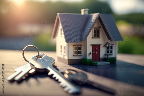 House key and house model, sunlight background. Mortgage, investment, real estate, property and new home concept. Made with Generative AI