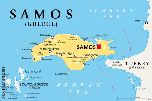 Samos, Greek island, political map. Island in the eastern Aegean Sea, and separated of the western Turkey coast by the Mycale Strait. Rich city-state in ancient times and the birthplace of Pythagoras.