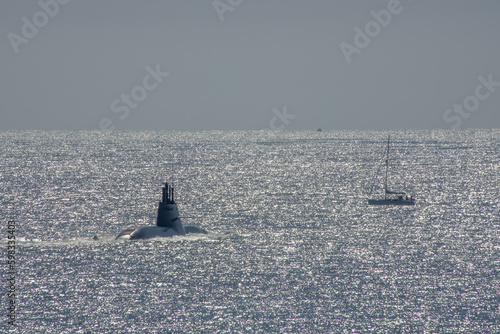 Royal Navy Submarine within the breakwater area of Plymouth Sound Devon England