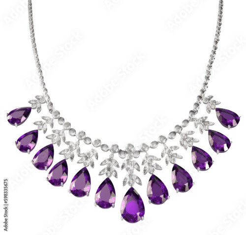 silver necklace with amethyst gems and diamonds isolated on white or transparent background as PNG, generative AI jewelry