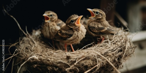 A nest of baby birds chirping for their mother to bring them food, concept of Parental care, created with Generative AI technology Generative AI