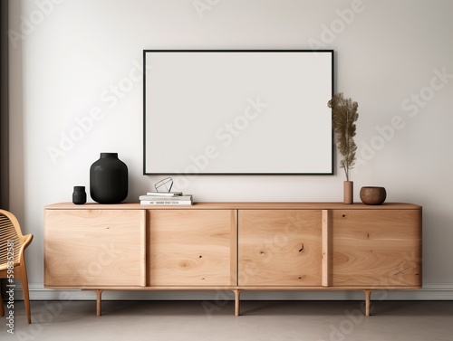 Mid century modern minimalist interior horizontal frame mockup in empty room with white wall, dresser, console, ceramic jug, dried herb, branches.