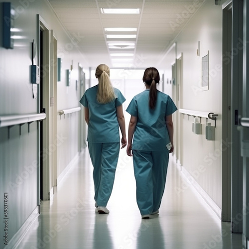 personnel hospitalier de dos dans un couloir d'hopital - IA Generative