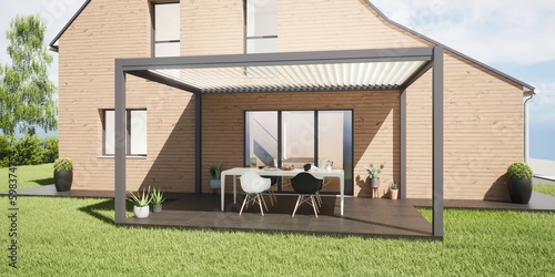 Pergola bioclimatique autoportée, à lames orientables, sur terrasse en carrelage, maison en bois avec vue sur jardin verdoyant, rendu 3d