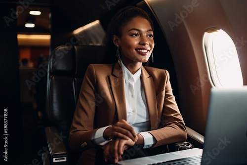 African american businesswoman with laptop on airplane seated in business class. Generative AI.