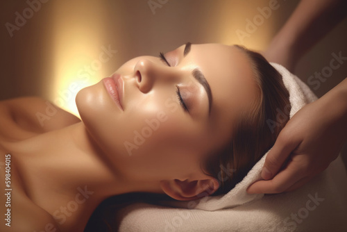 Face massage for beautiful woman. Facial beauty treatment. Cosmetic procedures. Attractive young girl relaxing in spa salon. Created with Generative AI