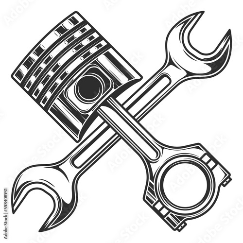 Engine piston and mechanical spanner wrench tool for service repair car and truck business on white background isolated monochrome illustration