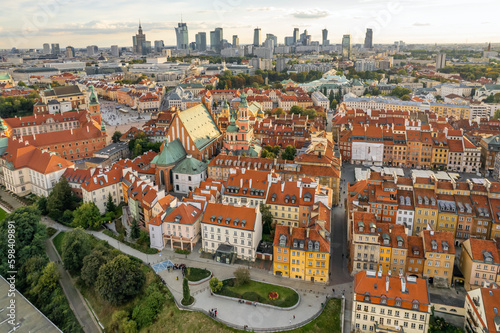 Warsaw Old town and modern skyscrapers aerial view, Poland. Generative AI