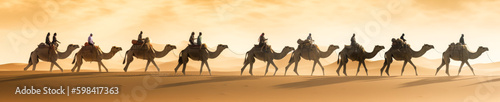 Cross the desert with this camel caravan. A romantic panoramic image representing adventure and travel in wild lands. Generative AI