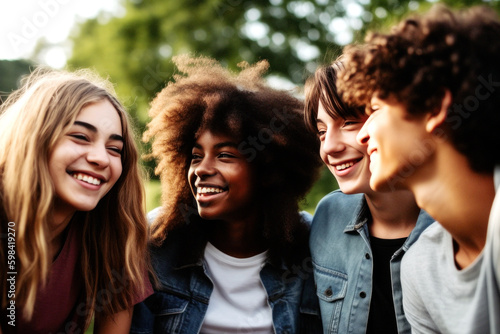 A group of diverse teenagers, full of laughter and joy, capture their carefree moment together. United as friends, they celebrate happiness beyond race. Generative AI