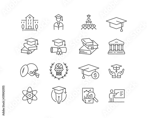 Higher Education Icon collection containing 16 editable stroke icons. Perfect for logos, stats and infographics. Edit the thickness of the line in Adobe Illustrator (or any vector capable app).