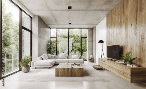 Room with wooden paneling and concrete ceiling. Interior design of modern living room. Created with generative AI