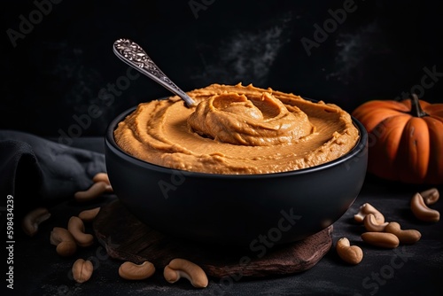 bowl filled with creamy peanut butter and a silver spoon resting on the side of the bowl. Generative AI