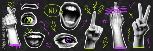 Trendy punk halftone collage set with retro halftone elements and naive doogle elements. Hand gestures, lips, mouth, eyes.Template for banner, poster, card. Contemporary vector illustration.