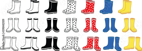 Rain Boots Clipart Set - Outline, Silhouette & Color 