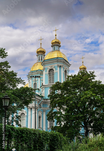 St. Petersburg, Russia - August 30, 2022. St. Nicholas Naval Cathedral. Orthodox church in the Admiralteisky district of St. Petersburg. Monument in church architecture. Built in 1753