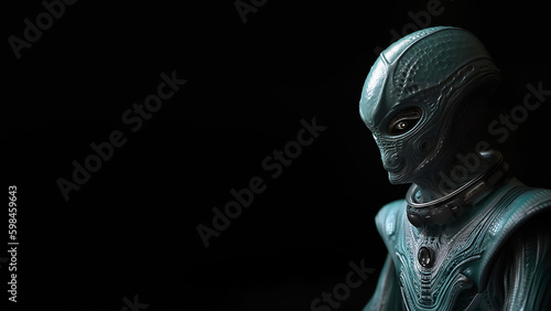 an alien male on a black background with space for text or copy
