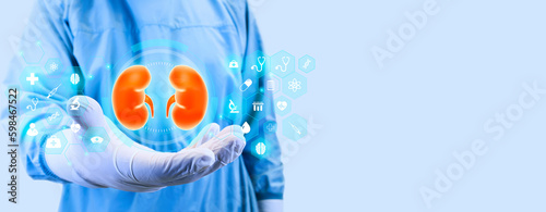 Nephrology, medical care for kidney problems. Kidneys, kidney pain, kidney cysts, kidney failure, cancer. Organ Donor, Surgeon isolated on light blue background.