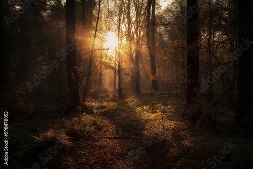 Footpath in the beautiful woods at sunset. Generative art