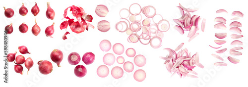 Set of red onion whole bulbs and pieces, isolated on white background