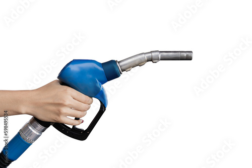 Left hand of a woman holding a blue auto injector for refueling, isolated on white background. Closeup hand holding Oil Diesel Nozzle for Fuel Dispenser, clipping path