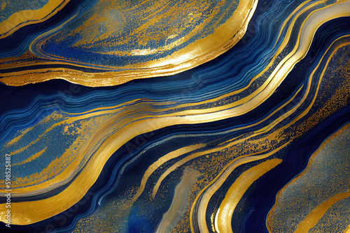 Blue and golden acrylic liquid ink swirl abstract background with ravishing turbulence wavy pattern and detailed texture. Luxury fluid liquid art by Generative AI. Generative AI