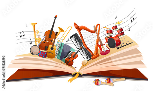 Magical story book with musical fairy tale. Opened book with different classical music instruments. Fantasy storybook or textbook adout jazz orchestra. Music fest poster or banner. Generative AI
