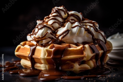 mouthwatering waffles with whipped cream and chocolate sauce drizzled over
