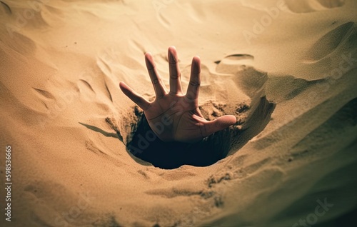 Hand sinking in quicksand, trying to get out, tips to survive in desert, buried created with Generative AI technology