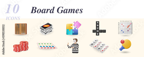 Board games set. Creative icons: backgammon, uno, puzzle, scrubble, sea battle, poker chip, twister, pantomime, solitaire, ping-pong.