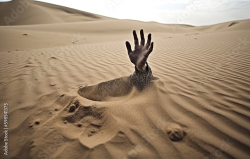 Hand sinking in quicksand, trying to get out, tips to survive in desert, buried created with Generative AI technology