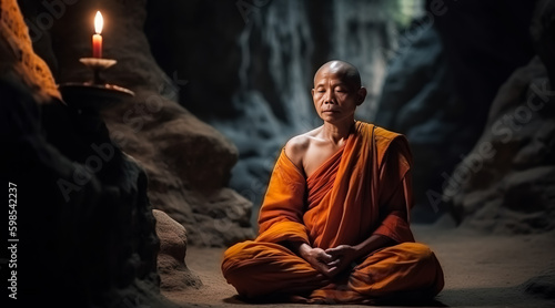 Asian Buddhist Monk in Meditation Inside Majestic Cave with Stalactite, Stalagmite, and Candlelight, generative AI